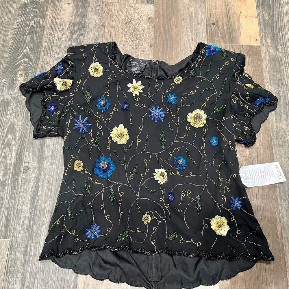 Laurence Kazar Beaded Sequin Floral Silk Blouse Size XL New Old Stock.